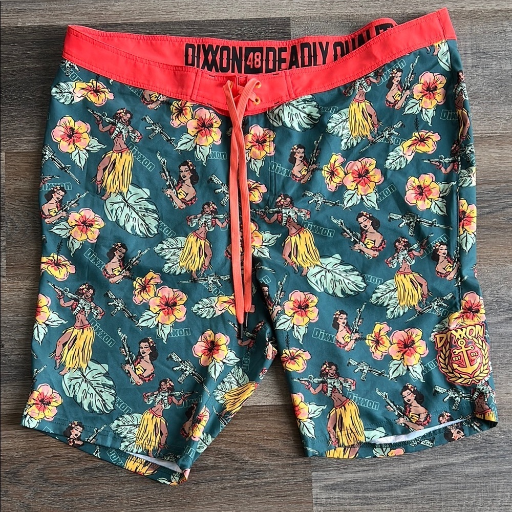 DIXXON Teal Swim Board Shorts with Coral Waistband and Yellow Floral Accents